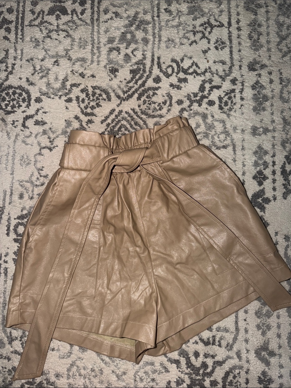 Petal & Pup High-Waist Tie-Belt Faux Leather Shorts in Taupe